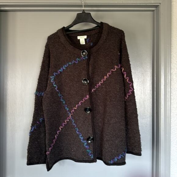 Laura Ashley Woman Wool Blend Cardigan Sweater Sz 2X Gray Snap Embroidery Artsy - Picture 1 of 6